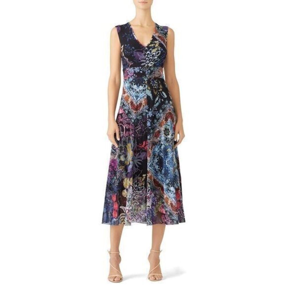 FUZZI Multi Floral Patchwork Sleeveless Midi Dress US 2-4/SMALL